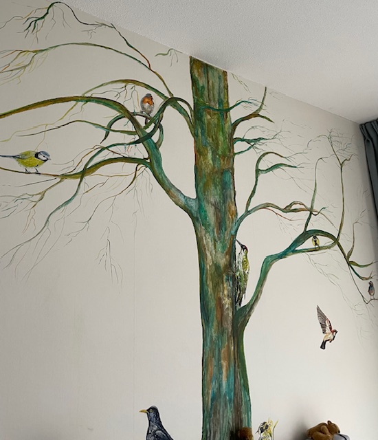 Boom met vogels muur-aquarel